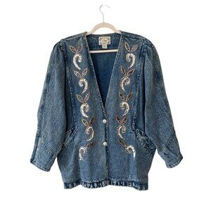 Vintage 80s Dallas Embellished Denim Jacket Womens Large Blue Sequin Retro Bling